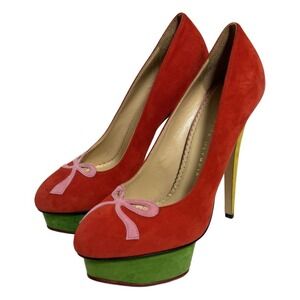 Charlotte Olympia Arabella Color-Block Suede Bow-Toe Pumps Sz 38.5 US 8.5‎ Italy